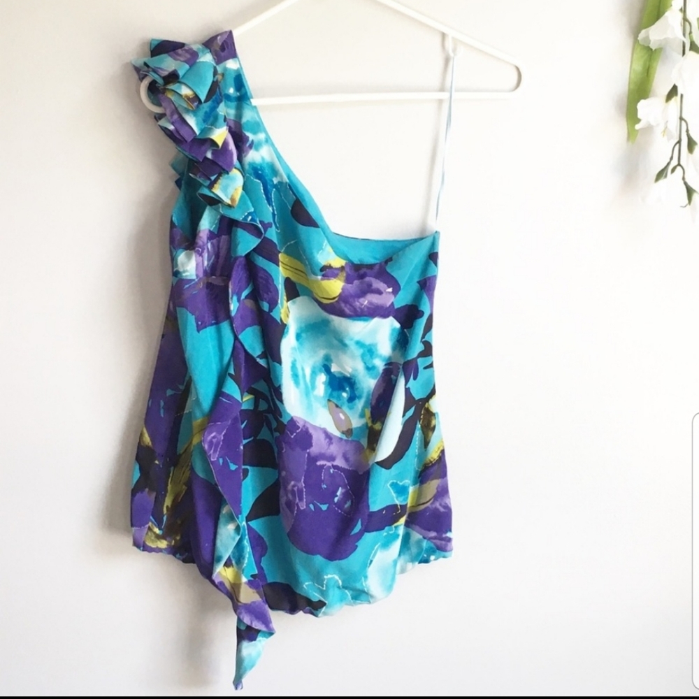 Trina Turk One Shoulder Silk Floral Blouse Top